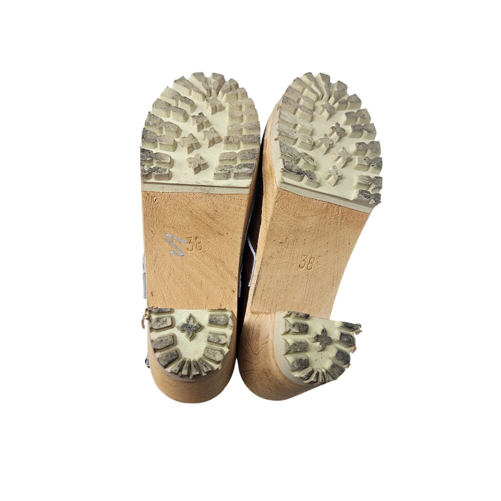 Vintage Skouno 38 Swedish Wooden Brown Leather Clog Boho Cottage Chunky Casual - Picture 3 of 4